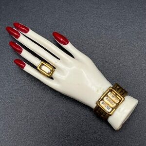 Vintage Hand Brooch White Plastic Figural Pin Gold Ring Bracelet Red Nails MCM